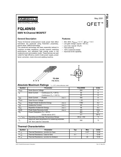 Fairchild FQL40N50 500V N-Channel MOSFET Datasheet