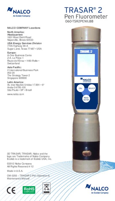 Nalco TRASAR 2 Pen Fluorometer Service Manual - cover page