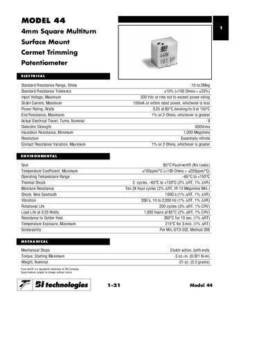 BI Technologies Model 44 Trimming Potentiometer Product Leaflet - cover page