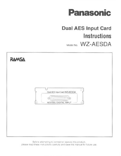 Panasonic WZ-AESDA Dual AES Input Card Installation Instructions - cover page