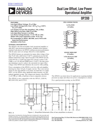 Analog Devices OP200 Dual Operational Amplifier Datasheet - cover page