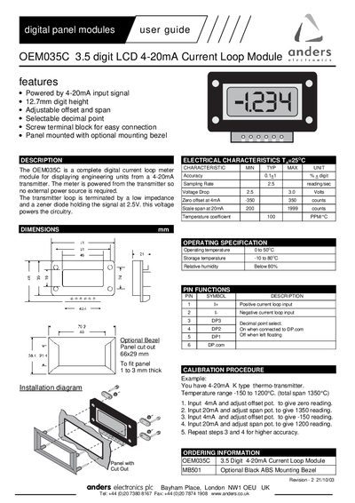 Anders Electronics OEM035C 3.5‑digit LCD 4‑20 mA Current Loop Module User Guide - cover page