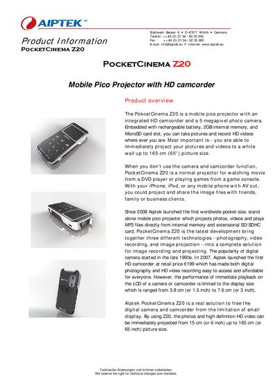 Aiptek PocketCinema Z20 Product Information - cover page