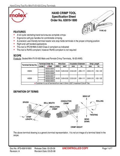 Molex 63819-1800 Hand Crimp Tool Specification Sheet - cover page