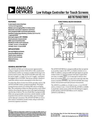 Analog Devices AD7879/AD7889 Low Voltage Controller for Touch Screens Datasheet