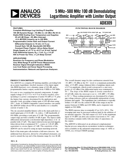 Analog Devices AD8309 Logarithmic Amplifier Datasheet - cover page