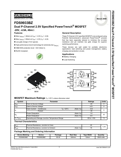 Fairchild FDS9933BZ Dual P-Channel MOSFET Datasheet - cover page