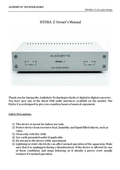 Audiobyte Technologies Hydra Z USB Audio Bridge Owner’s Manual - cover page