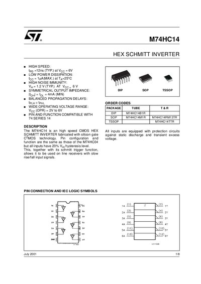 STMicroelectronics M74HC14 Hex Schmitt Inverter Datasheet - cover page