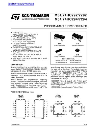 ST M54/74HC292/7292 M54/74HC294/7294 handbook - cover page