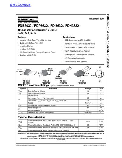 Fairchild FDB3632/FDP3632/FDI3632/FDH3632 N-Channel MOSFET Datasheet - cover page