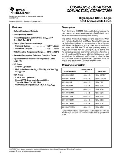 TEXAS INSTRUMENTS - CD54HC259 CD74HC259 CD54HCT259 CD74HCT259 High-Speed CMOS Logic 8-Bit Addressable Latch handbook - cover page