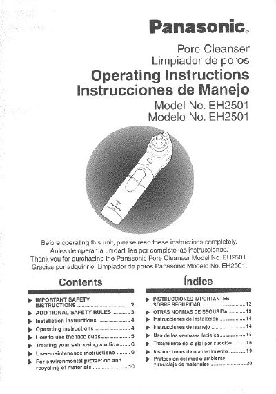 Panasonic EH2501 Pore Cleanser Operating Instructions - cover page