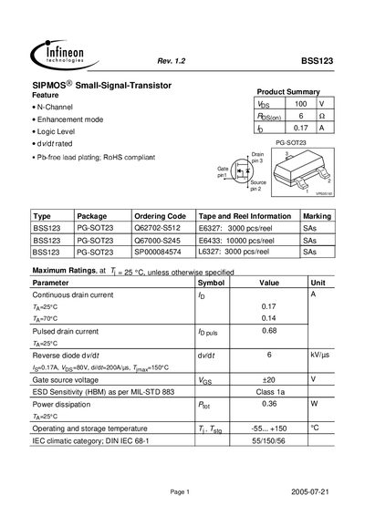 Infineon BSS123 Datasheet - cover page