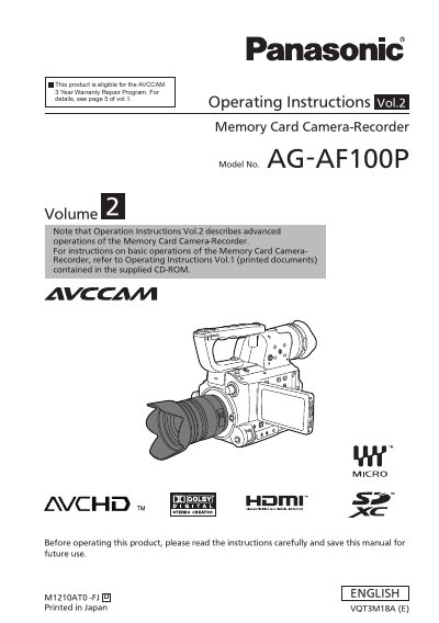Panasonic AG-AF100P Memory Card Camera-Recorder User Manual - cover page