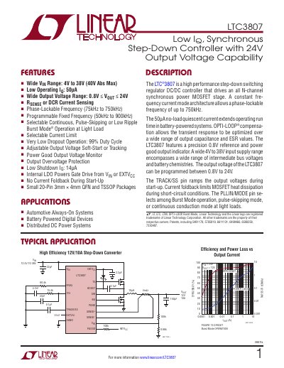Linear Technology LTC3807 Synchronous Step-Down Controller Datasheet - cover page