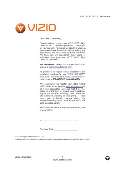 VIZIO VX37L HDTV User Manual - cover page
