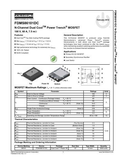 Fairchild Semiconductor FDMS86101DC N-Channel MOSFET Datasheet - cover page