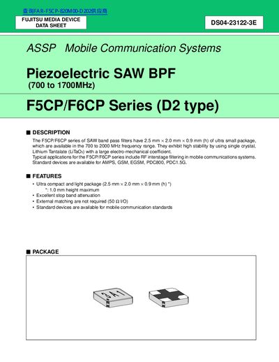 Fujitsu F5CP/F6CP Series SAW Band Pass Filter Data Sheet - cover page