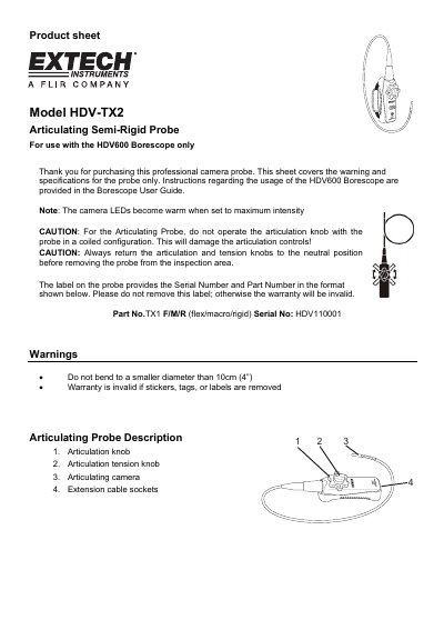 Extech HDV-TX2 Articulating Semi-Rigid Probe Product Sheet - cover page