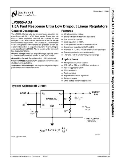 National Semiconductor LP3855-ADJ 1.5A Fast Response Ultra Low Dropout Linear Regulator Datasheet - cover page