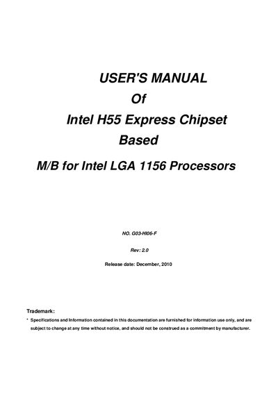 Intel H55 Express Chipset Based M/B for Intel LGA 1156 Processors USER'S MANUAL  - cover page