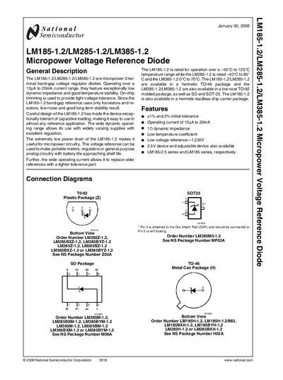 National Semiconductor LM185-1.2 / LM285-1.2 / LM385-1.2 Micropower Voltage Reference Diode Datasheet - cover page