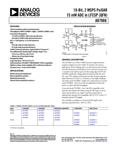 Analog Devices AD7986 18‑Bit 2 MSPS PulSAR ADC Datasheet - cover page