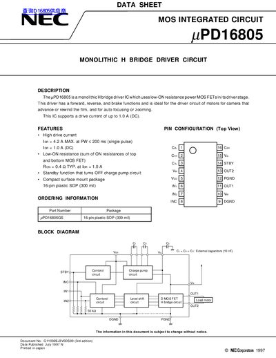 NEC uPD16805 H‑Bridge Driver Integrated Circuit Datasheet - cover page