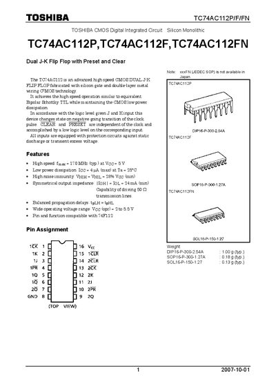 TOSHIBA TC74AC112P TC74AC112F TC74AC112FN Manual - cover page