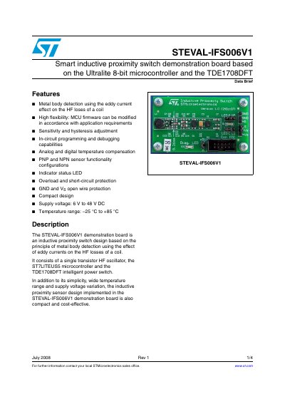STMicroelectronics STEVAL-IFS006V1 Inductive Proximity Switch Demonstration Board Data Brief - cover page