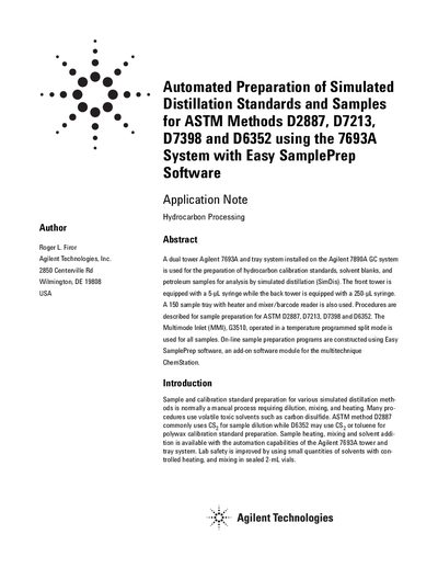 Agilent Automated Preparation of Simulated Distillation Standards Samples for ASTM Methods D2887 D7213 D7398 D6352 using the 7693A System with Easy SamplePrep Software Application Note - cover page