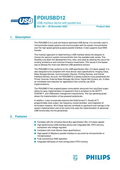 Philips PDIUSBD12 USB Interface Device Datasheet - cover page