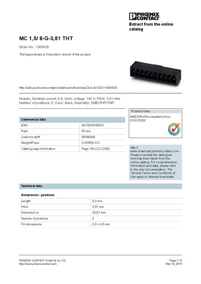 Phoenix Contact MC 1,5/8-G-3,81 THT Product Leaflet - cover page