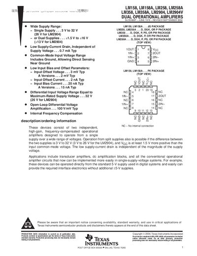 Texas Instruments LM158/LM158A/LM258/LM258A/LM358/LM358A/LM2904/LM2904V Dual Operational Amplifiers Datasheet - cover page