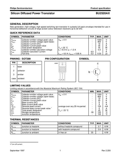 Philips BU2520AX Silicon Diffused Power Transistor Datasheet - cover page