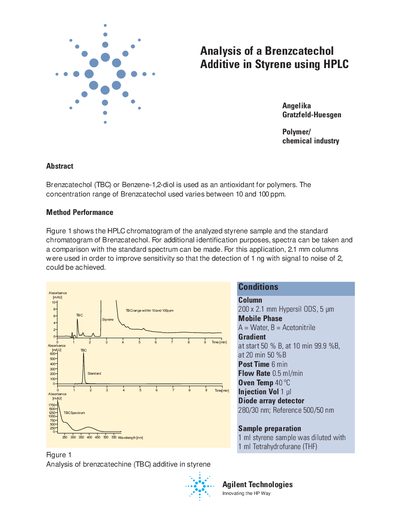 Agilent 1100 Series Analysis of Brenzcatechol Additive in Styrene using HPLC Application Note - cover page