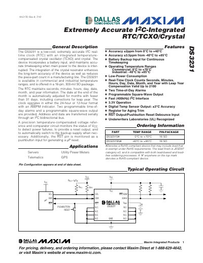 MAXIM DS3231 Extremely Accurate I2C-Integrated RTC/TCXO/Crystal Manual