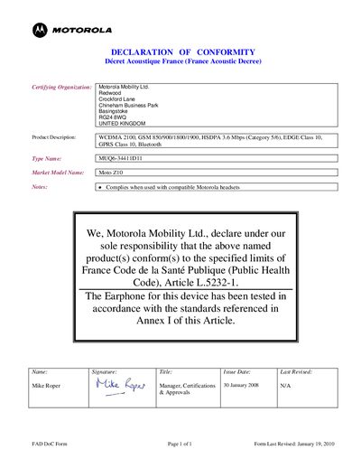 Motorola MUQ6-34411D11 Headset Declaration of Conformity - cover page