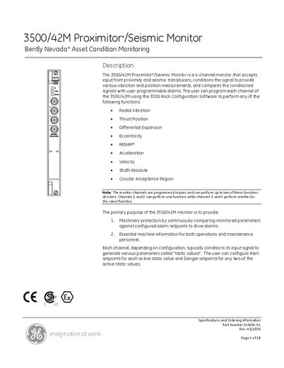 Bently Nevada 3500/42M Proximitor/Seismic Monitor Datasheet - cover page