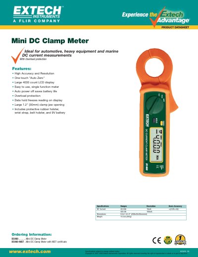 EXTECH DC400 Mini DC Clamp Meter Datasheet - cover page