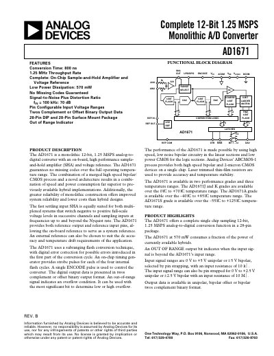 Analog Devices AD1671 12-Bit 1.25 MSPS A/D Converter Datasheet