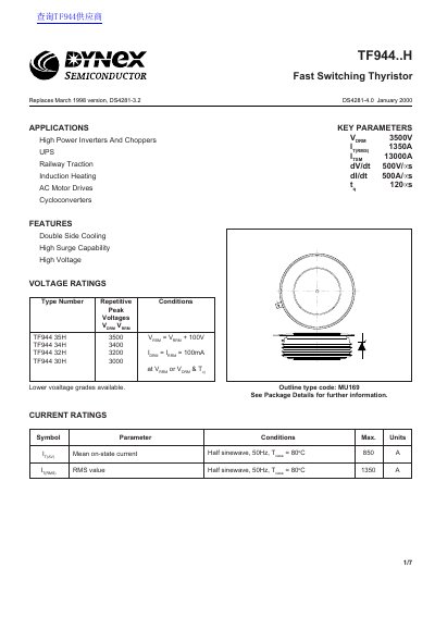 Dynex TF944..H Fast Switching Thyristor Datasheet - cover page