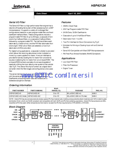 Intersil HSP43124 Serial I/O Filter Datasheet - cover page