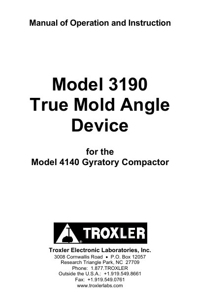 Troxler Model 3190 True Mold Angle Device Operation Manual - cover page