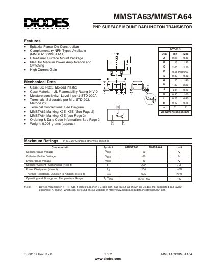 Diodes MMSTA63/MMSTA64 Darlington Transistor Datasheet - cover page