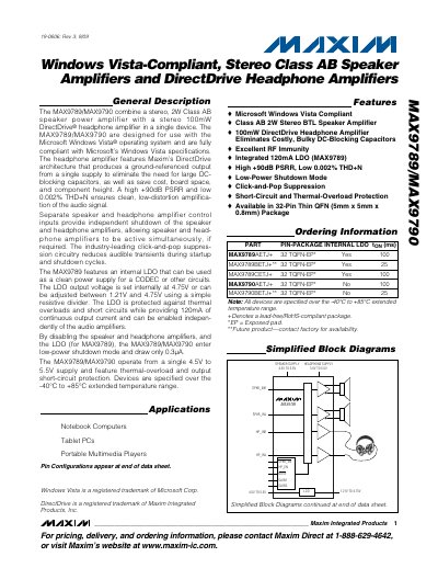 Maxim MAX9789/MAX9790 Stereo Class AB Speaker Amplifier and DirectDrive Headphone Amplifier Datasheet