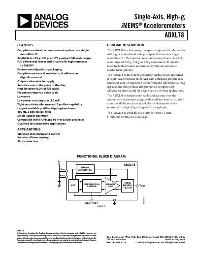 Analog Devices ADXL78 Single‑Axis High‑g Accelerometer Datasheet - cover page
