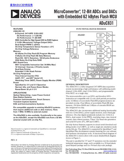 Analog Devices ADuC831 MicroConverter 12-Bit ADCs DACs with Embedded 62 kBytes Flash MCU Datasheet - cover page