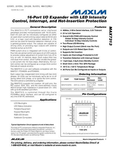 Maxim MAX7313 16-Port I/O Expander Datasheet - cover page